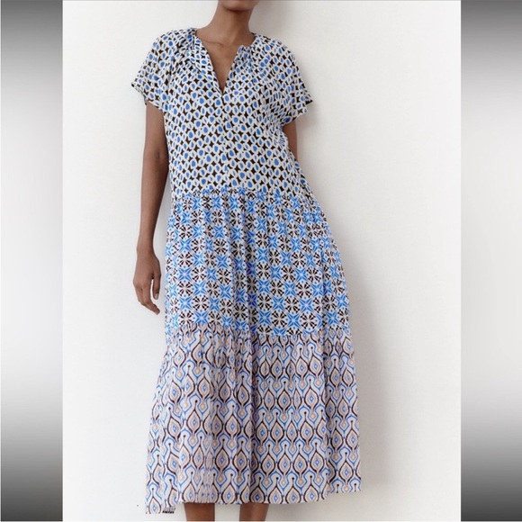 Zara Blue Brown Cream Patterned Patchwork Dress Keyhole closure tiered - Picture 1 of 5